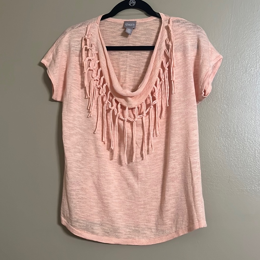 Chico’s Top Sz S (0) Peach Fringe Short Sleeves Feminine Closet Staple Fairy